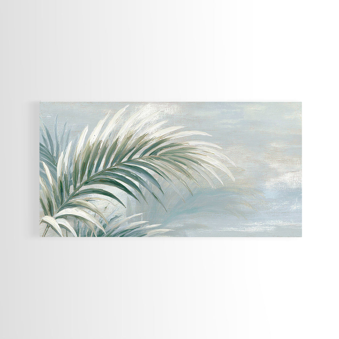 Simple Palm Frond on Off White Linen Framed Canvas Print, Bathroom Art, Minimalist Wall Art, Bathroom Decor, Fine Art, Spa, BAT-2x1-67