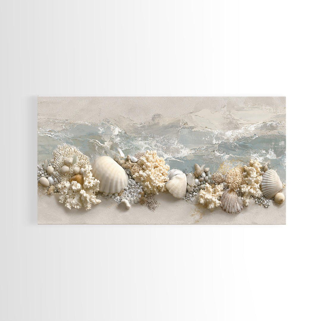 Coral and Shell Arrangement Framed Canvas Print, Bathroom Art, Contemporary Art, Bathroom Decor, Fine Art, Spa, Framed Wall Art, BAT-2x1-7