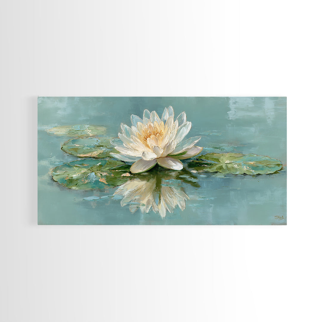 Lotus Flower Floating on Calm Water Framed Canvas Print, Bathroom Art, Framed Wall Art, Bathroom Decor, Watercolor Art, Spa, BAT-2x1-88