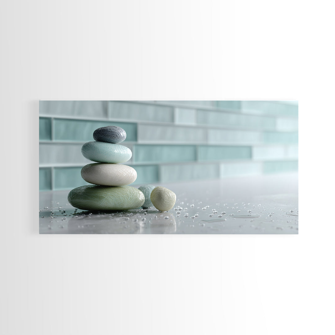 Monochrome Pebble Stack Framed Canvas Print, Bathroom Art, Statement Artwork, Bathroom Decor, Fine Art, Spa, Digital Art, BAT-2x1-9