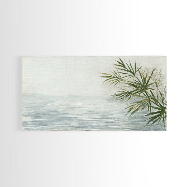 Simple Palm Frond on Off White Linen Framed Canvas Print, Bathroom Art, Digital Art, Bathroom Decor, Abstract Art, Spa, BAT-2x1-91