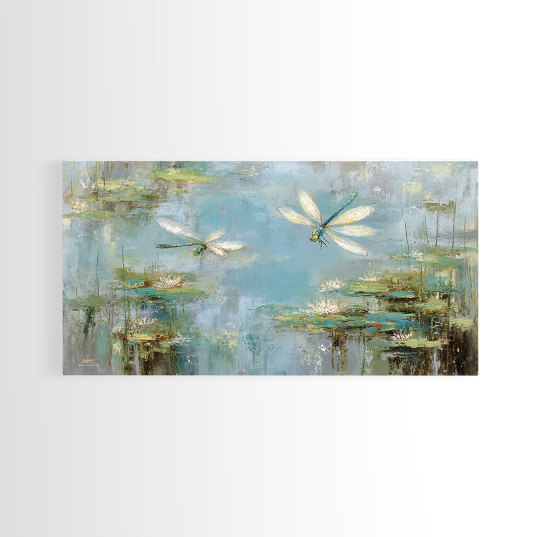 Delicate Dragonfly Above a Pond Surface Framed Canvas Print, Bathroom Art, Dog Portrait, Bathroom Decor, Oil Painting, Spa, BAT-2x1-92