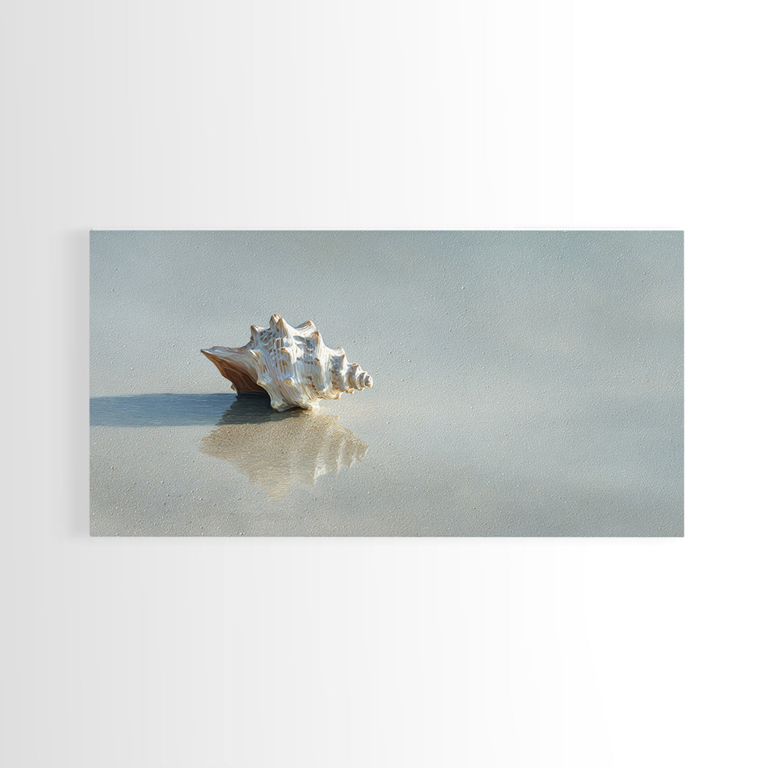 Minimal Seashell Still Life on Pale Sand Framed Canvas Print, Bathroom Art, Bathroom Wallpaper, Bathroom Decor, Fine Art, Spa, BAT-2x1-95