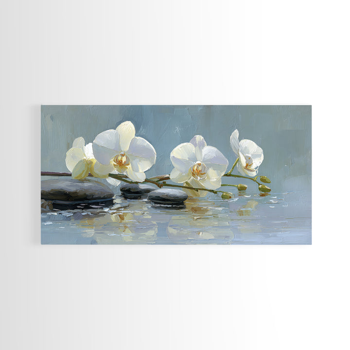 White Orchid on Warm Stone Background Framed Canvas Print, Bathroom Art, Modern Wall Art, Bathroom Decor, Oil Painting, Spa, BAT-2x1-96
