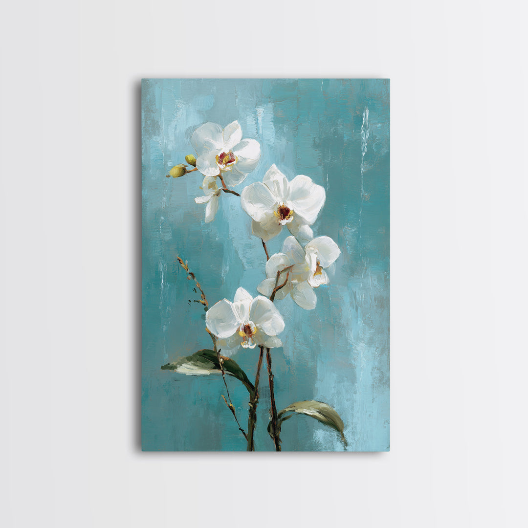 White Orchid on Warm Stone Background Framed Canvas Print, Bathroom Art, Fine Art Print, Bathroom Decor, Oil Painting, Spa, BAT-2x3-12