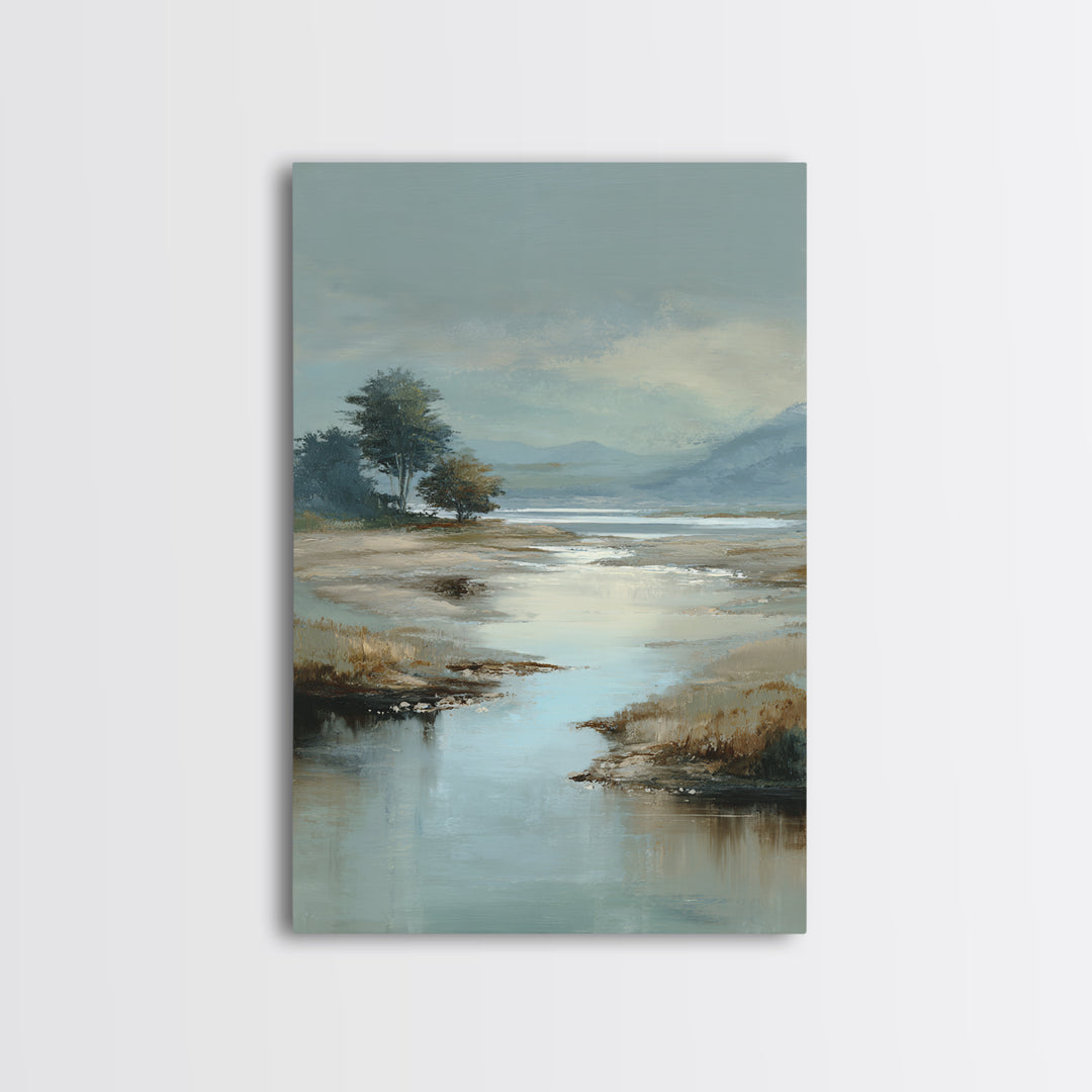 Misty Lake Scene Framed Canvas Print, Bathroom Art, Textured Painting, Bathroom Decor, Fine Art, Spa, Bathroom Wall Art, BAT-2x3-17