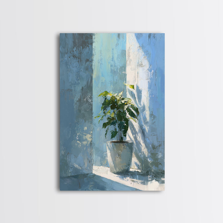 Sunlit Window Plant Shadow on Plaster Framed Canvas Print, Bathroom Art, Gallery Decor, Bathroom Decor, Abstract Art, Spa, BAT-2x3-2
