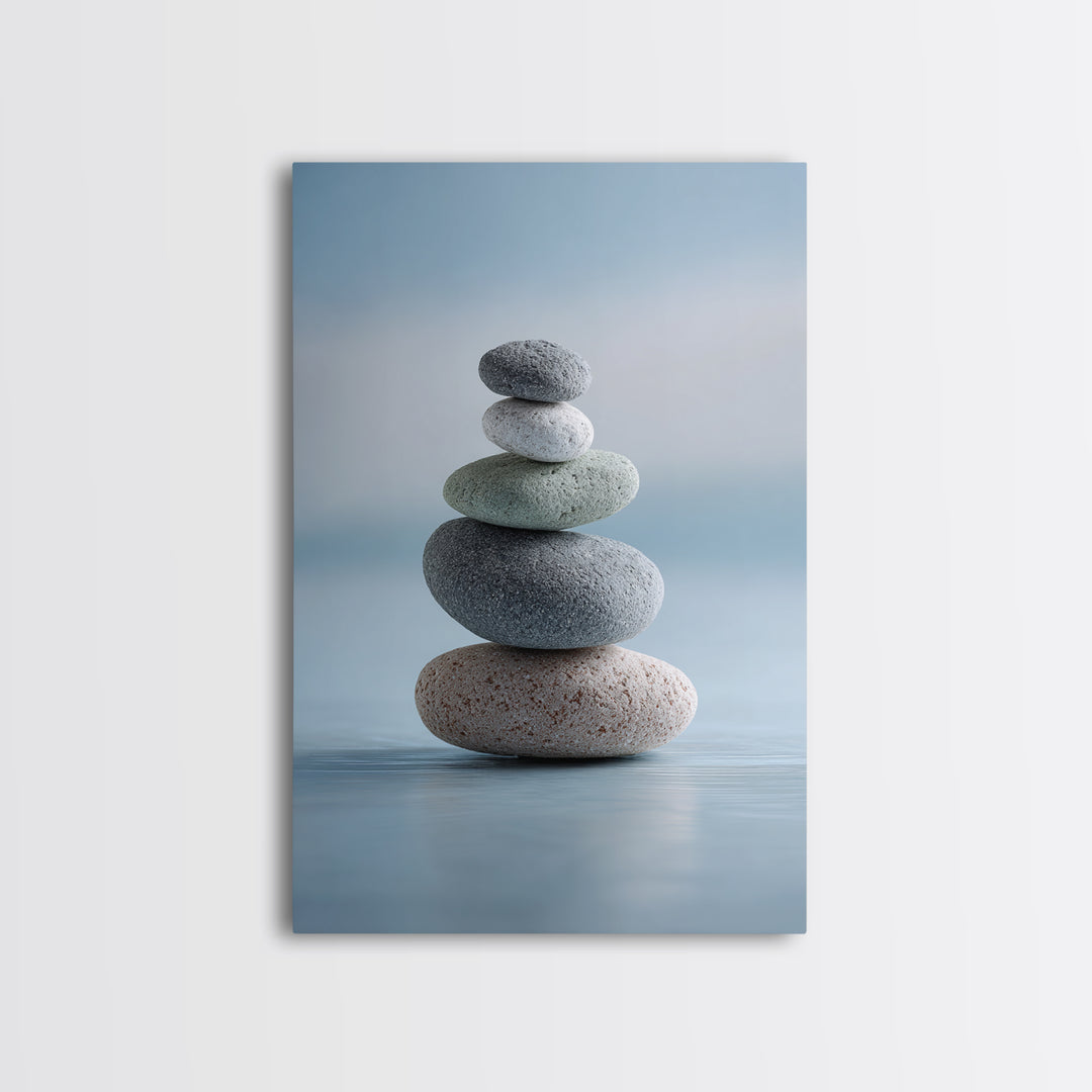 Monochrome Pebble Stack Framed Canvas Print, Bathroom Art, Boho Decor, Bathroom Decor, Oil Painting, Spa, Printable, BAT-2x3-21