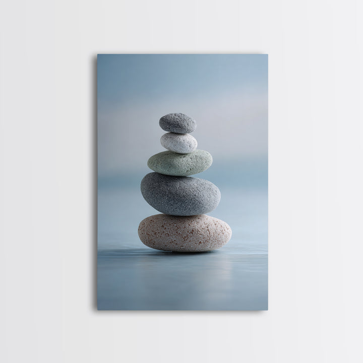 Monochrome Pebble Stack Framed Canvas Print, Bathroom Art, Boho Decor, Bathroom Decor, Oil Painting, Spa, Printable, BAT-2x3-21