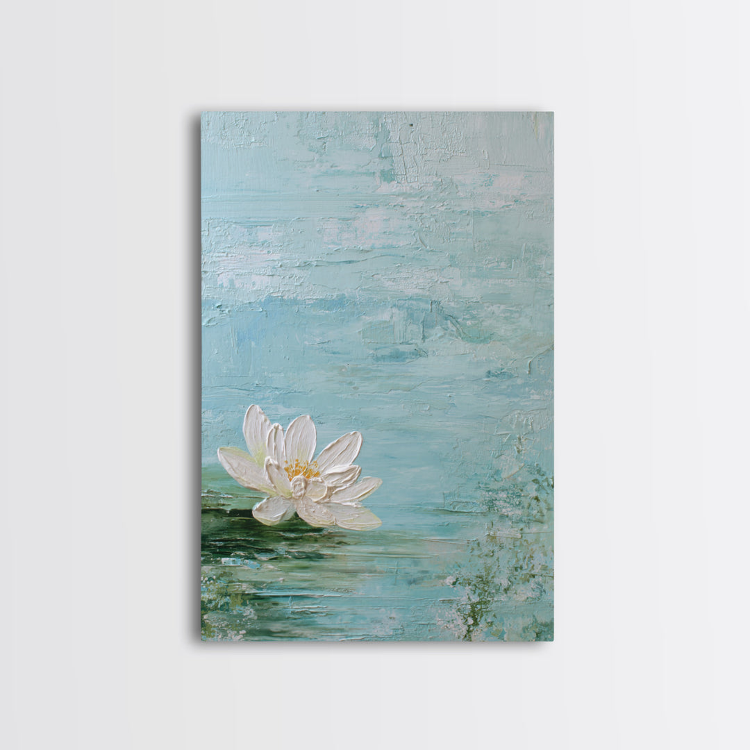 Lotus Flower Floating on Calm Water Framed Canvas Print, Bathroom Art, Printable Wall Art, Bathroom Decor, Oil Painting, Spa, BAT-2x3-28