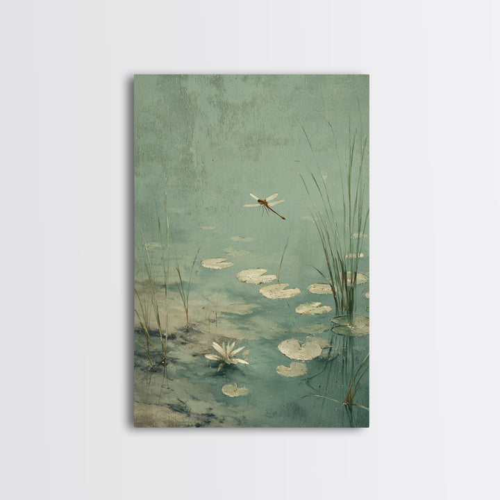 Delicate Dragonfly Above a Pond Surface Canvas Print, Bathroom Art, Bathroom Wall Decor, Bathroom Decor, Fine Art, Spa, BAT-2x3-32