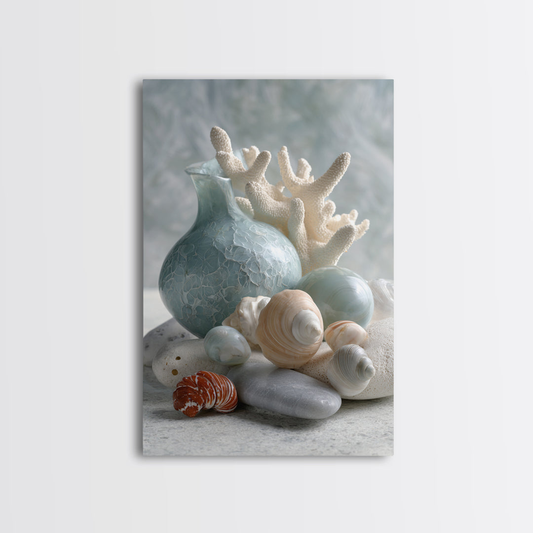 Coral and Shell Arrangement Framed Canvas Print, Bathroom Art, Neutral Decor, Bathroom Decor, Fine Art, Spa, Wall Art, BAT-2x3-43