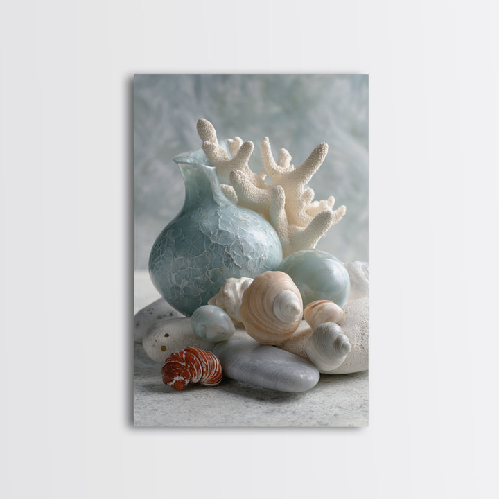 Coral and Shell Arrangement Framed Canvas Print, Bathroom Art, Neutral Decor, Bathroom Decor, Fine Art, Spa, Wall Art, BAT-2x3-43