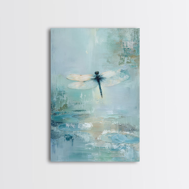 Delicate Dragonfly Above a Pond Surface Framed Canvas Print, Bathroom Art, Modern Art, Bathroom Decor, Fine Art, Spa, BAT-2x3-56