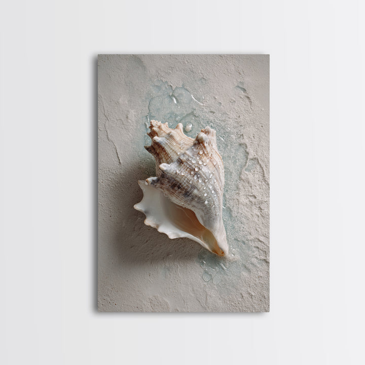 Minimal Seashell Still Life on Pale Sand Framed Canvas Print, Bathroom Art, Boho Decor, Bathroom Decor, Oil Painting, Spa, BAT-2x3-59