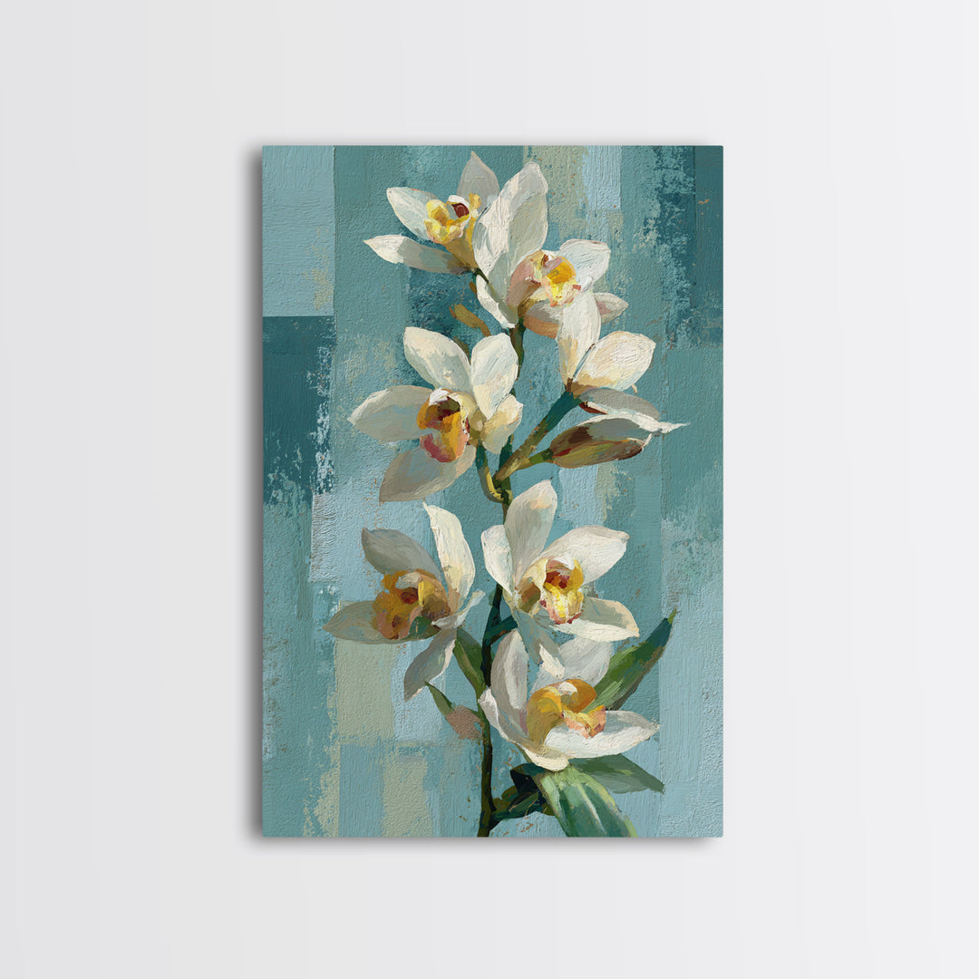 White Orchid on Warm Stone Background Framed Canvas Print, Bathroom Art, Statement Artwork, Bathroom Decor, Fine Art, Spa, BAT-2x3-60