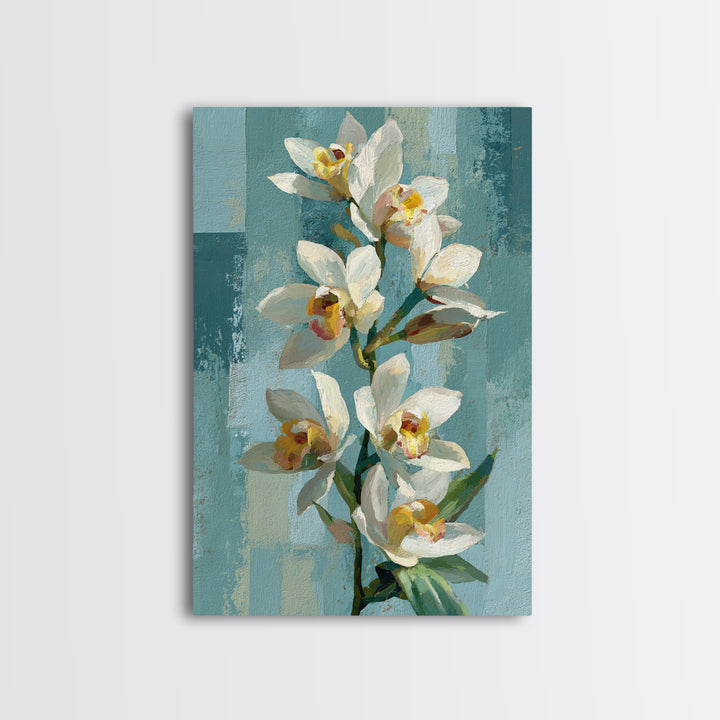 White Orchid on Warm Stone Background Framed Canvas Print, Bathroom Art, Statement Artwork, Bathroom Decor, Fine Art, Spa, BAT-2x3-60