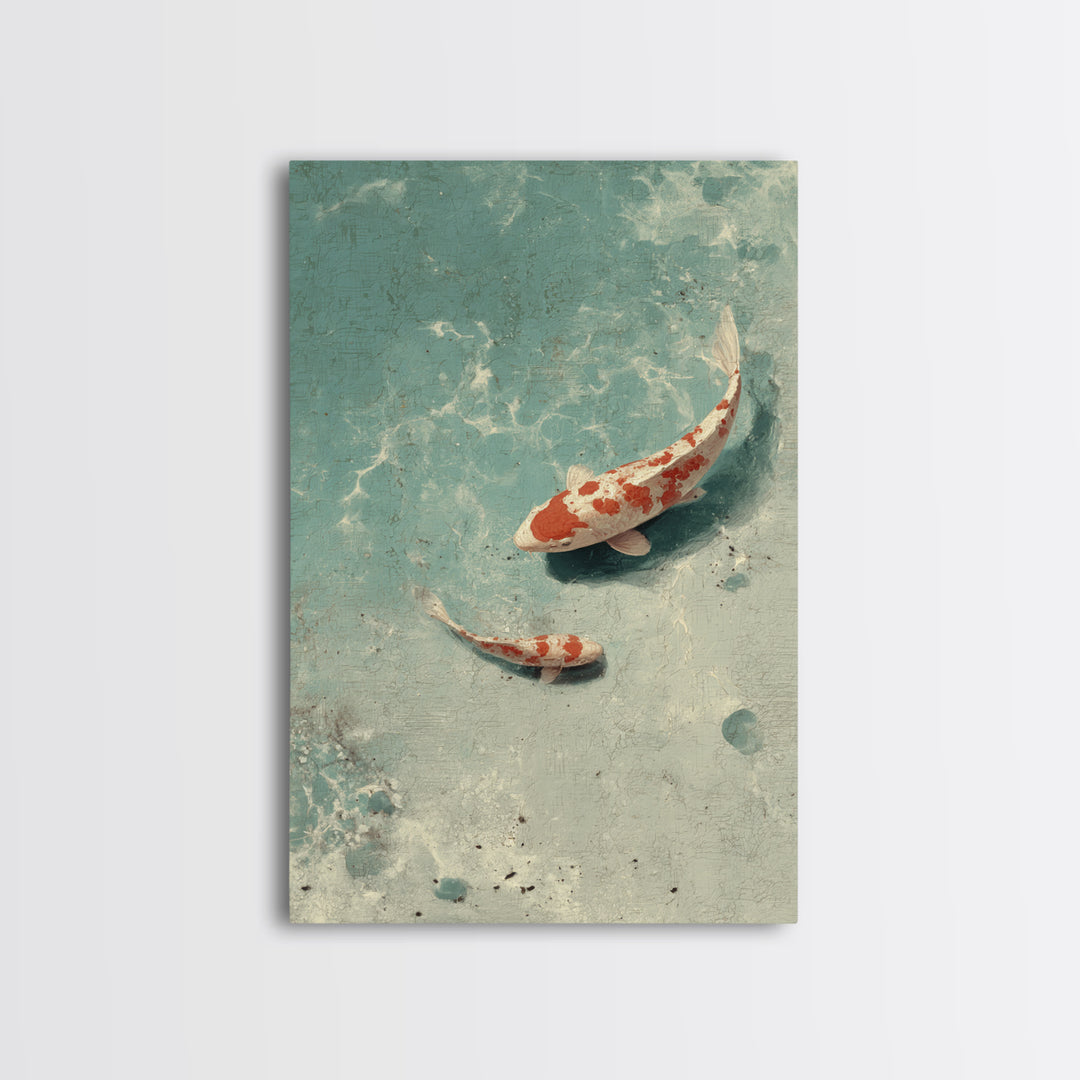 Minimal Koi Fish Swimming Through Clear Water Framed Canvas Print, Bathroom Art, Gallery Decor, Bathroom Decor, Fine Art, Spa, BAT-2x3-64