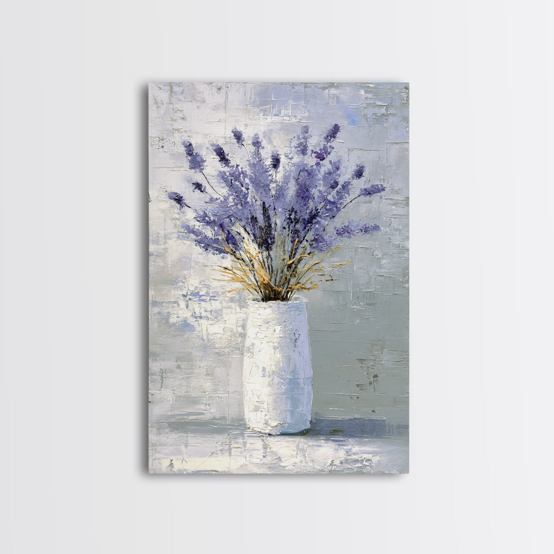 Lavender Sprigs in a Ceramic Vase Framed Canvas Print, Bathroom Art, Minimalist Decor, Bathroom Decor, Fine Art, Spa, BAT-2x3-68