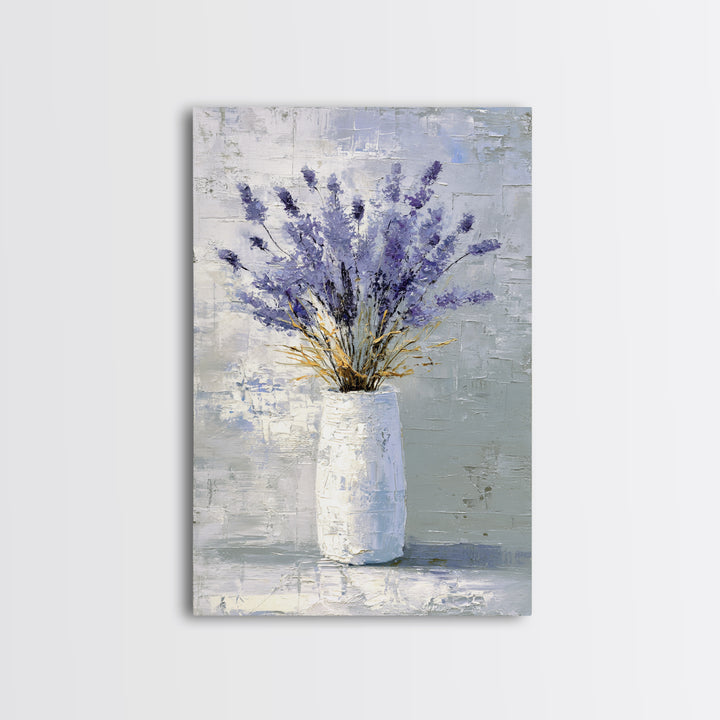 Lavender Sprigs in a Ceramic Vase Framed Canvas Print, Bathroom Art, Minimalist Decor, Bathroom Decor, Fine Art, Spa, BAT-2x3-68