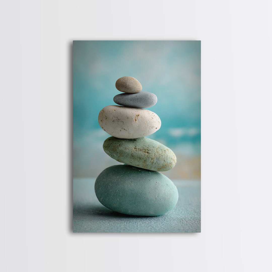 Monochrome Pebble Stack Framed Canvas Print, Bathroom Art, Digital Art, Bathroom Decor, Fine Art, Spa, Dopamine Decor, BAT-2x3-69