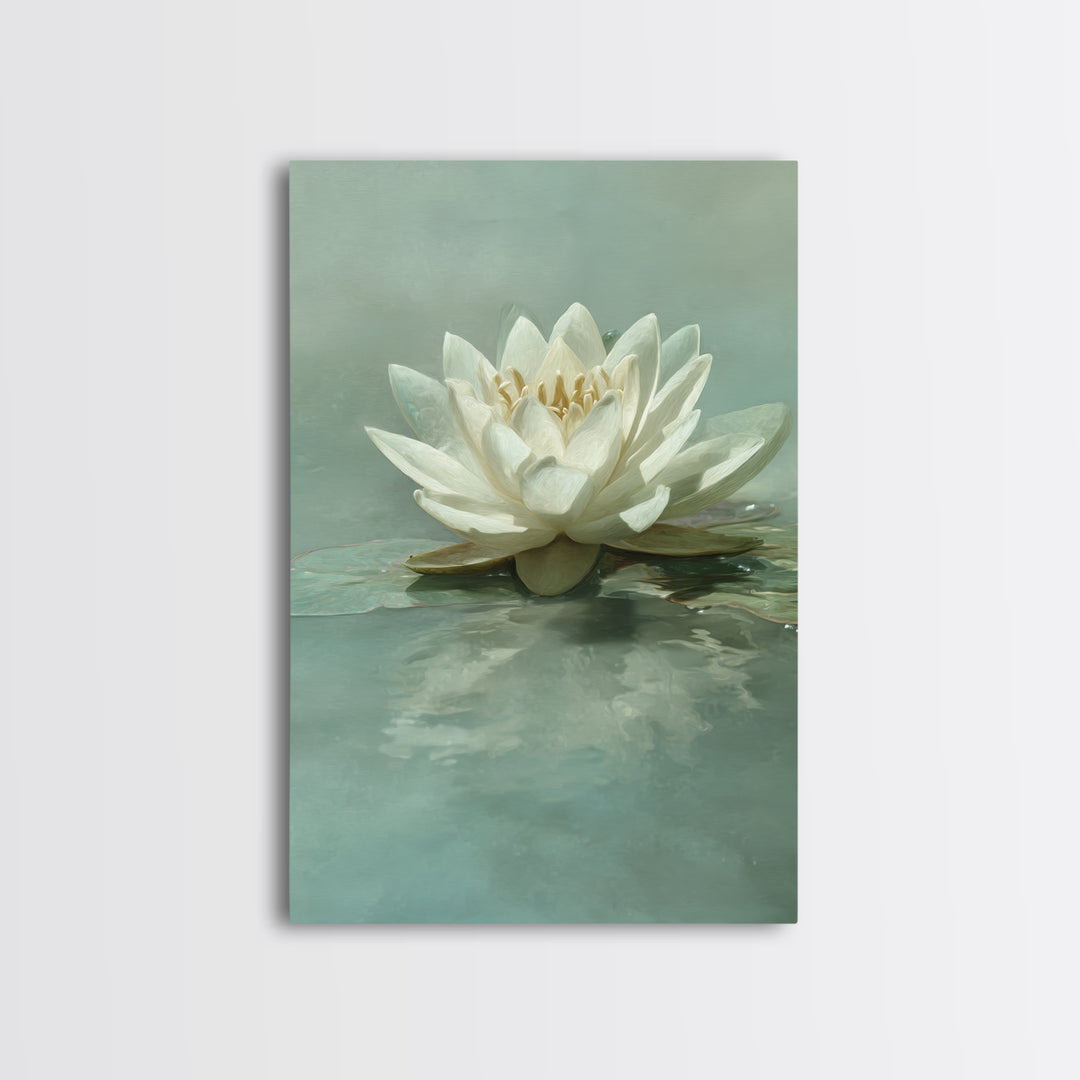Lotus Flower Floating on Calm Water Framed Canvas Print, Bathroom Art, Digital Wall Art, Bathroom Decor, Fine Art, Spa, BAT-2x3-76