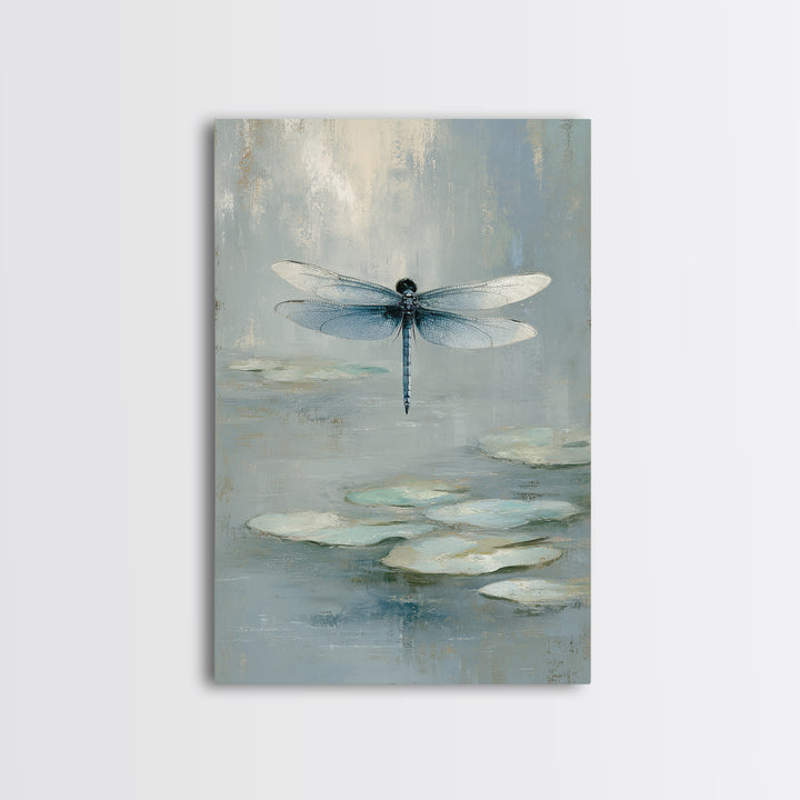 Delicate Dragonfly Above a Pond Surface Framed Canvas Print, Bathroom Art, Framed Wall Art, Bathroom Decor, Oil Painting, Spa, BAT-2x3-8