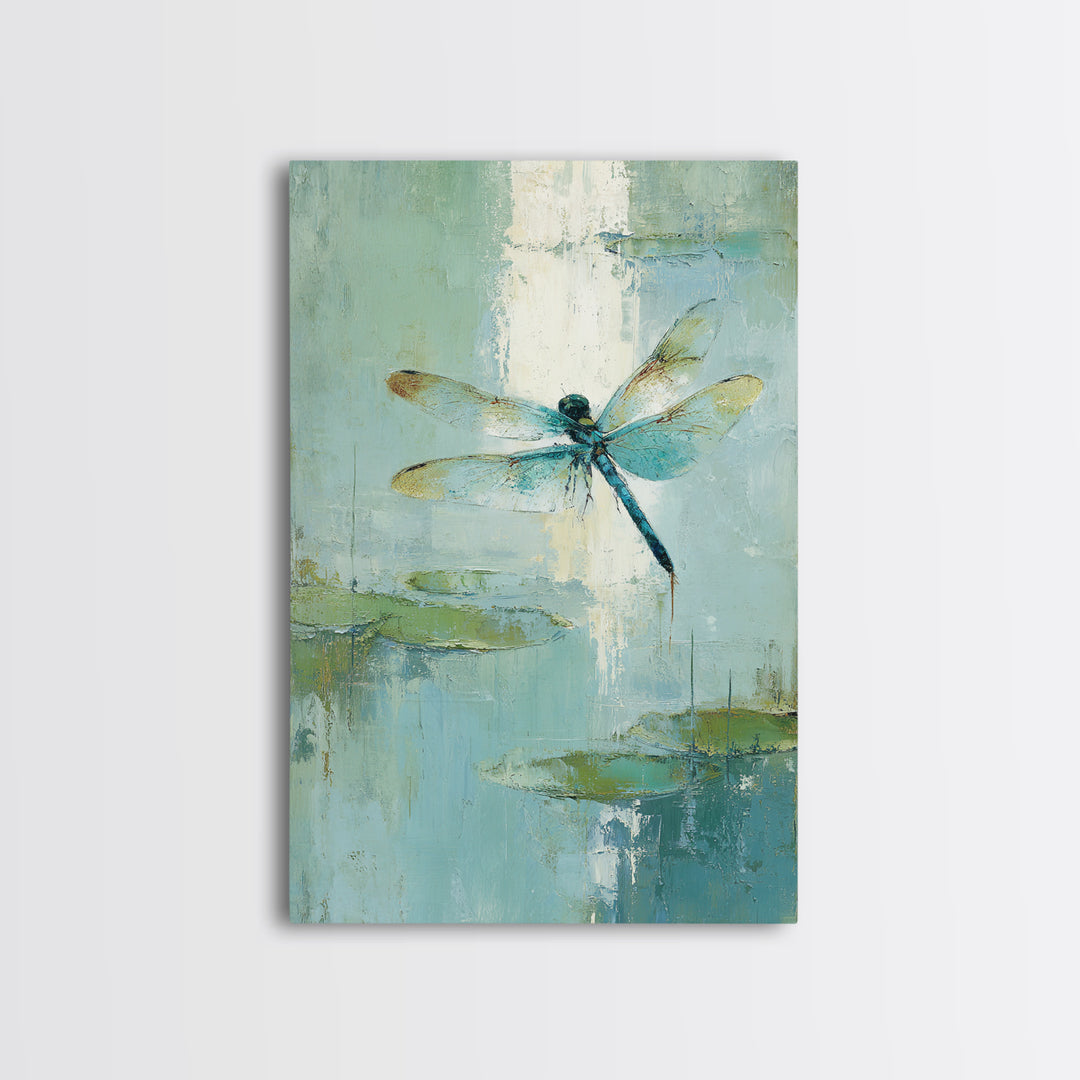 Delicate Dragonfly Above a Pond Surface Framed Canvas Print, Bathroom Art, Fine Art Print, Bathroom Decor, Fine Art, Spa, BAT-2x3-80