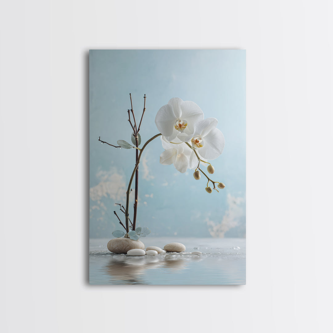 White Orchid on Warm Stone Background Framed Canvas Print, Bathroom Art, Canvas Wall Art, Bathroom Decor, Fine Art, Spa, BAT-2x3-84