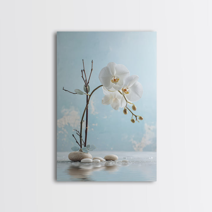 White Orchid on Warm Stone Background Framed Canvas Print, Bathroom Art, Canvas Wall Art, Bathroom Decor, Fine Art, Spa, BAT-2x3-84
