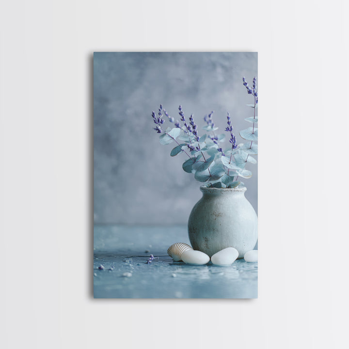 Lavender Sprigs in a Ceramic Vase Framed Canvas Print, Bathroom Art, Retro Wall Art, Bathroom Decor, Abstract Art, Spa, BAT-2x3-92