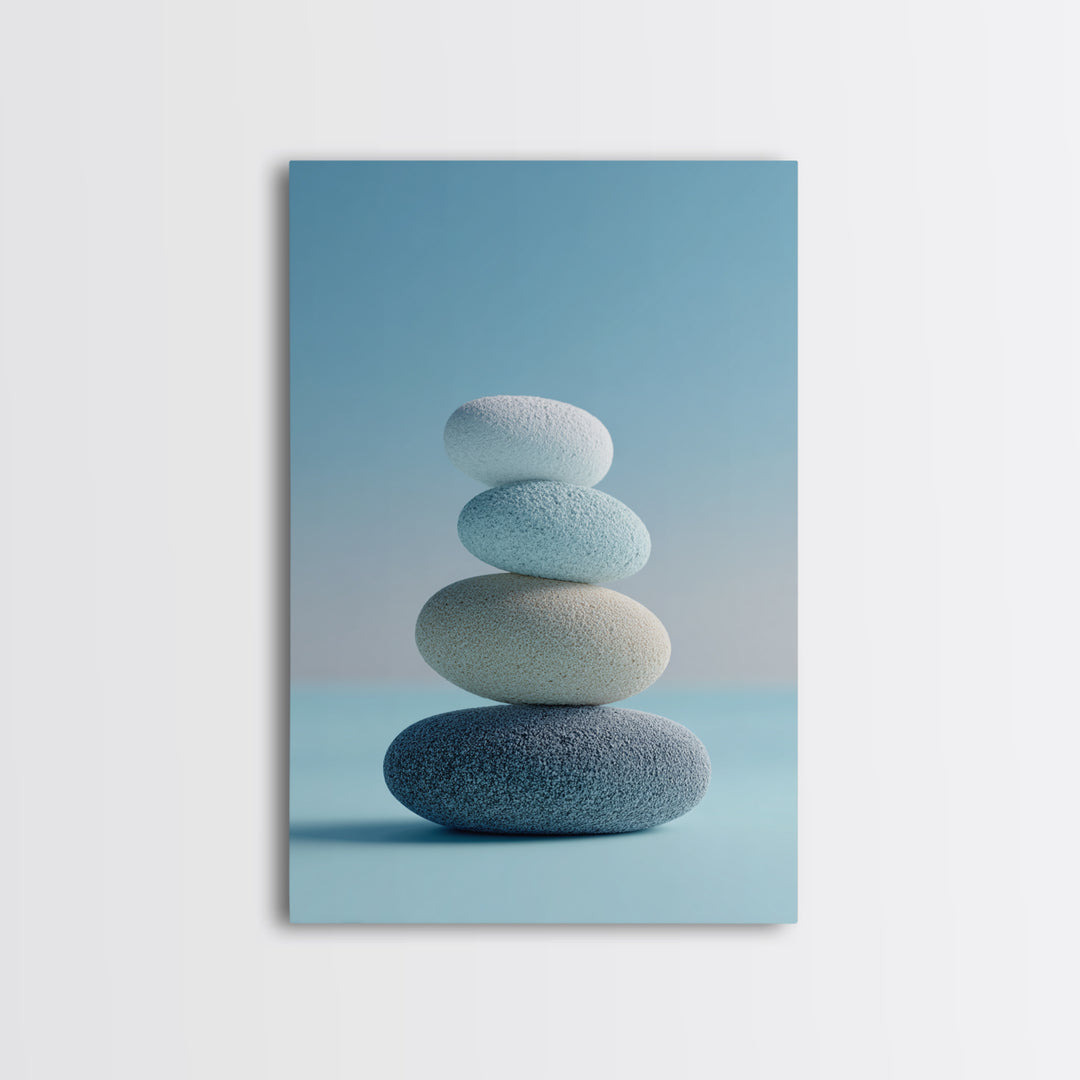 Monochrome Pebble Stack Framed Canvas Print, Bathroom Art, Digital Art, Bathroom Decor, Fine Art, Spa, Dopamine Decor, BAT-2x3-93