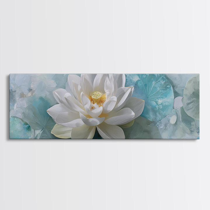 Lotus Flower Floating on Calm Water Framed Canvas Print, Bathroom Art, Modern Art, Bathroom Decor, Spa, Statement Artwork, BAT-3x1-12