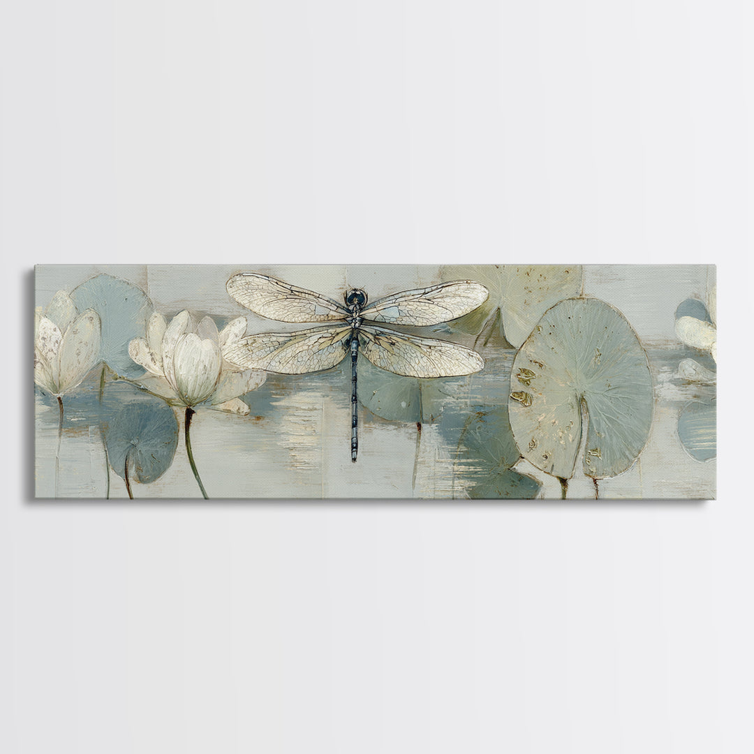 Delicate Dragonfly Above a Pond Surface Canvas Print, Bathroom Art, Unique Wall Art, Bathroom Decor, Spa, Gallery Decor, BAT-3x1-16