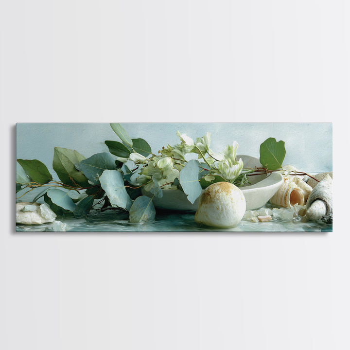Lemon and Botanical Still Life Canvas Print, Bathroom Art, Neutral Decor, Bathroom Decor, Fine Art, Spa, Wall Art, Home Decor, BAT-3x1-22