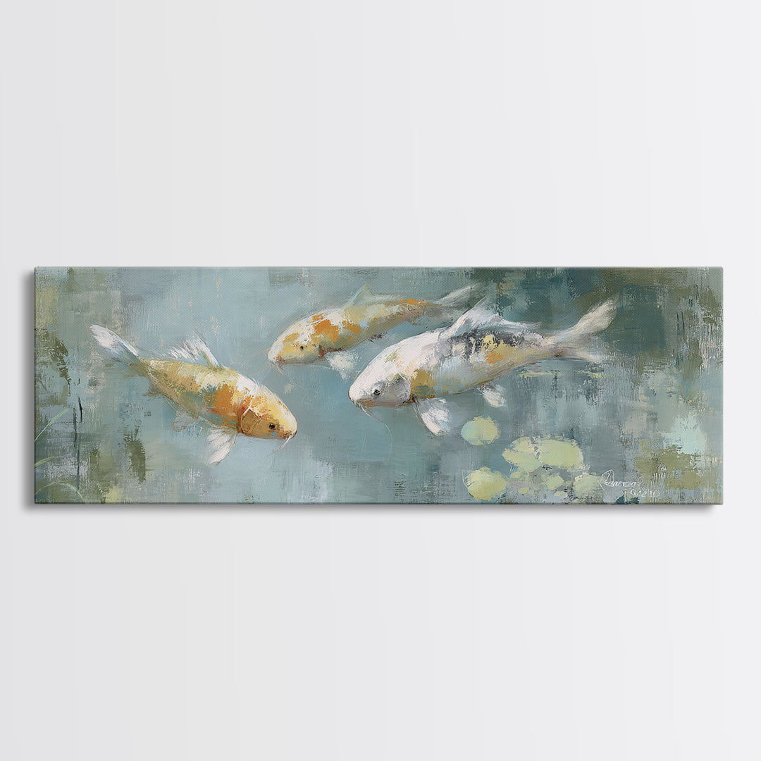 Minimal Koi Fish Swimming Through Clear Water Canvas Print, Bathroom Art, Bathroom Wallpaper, Bathroom Decor, Fine Art, Spa, BAT-3x1-24