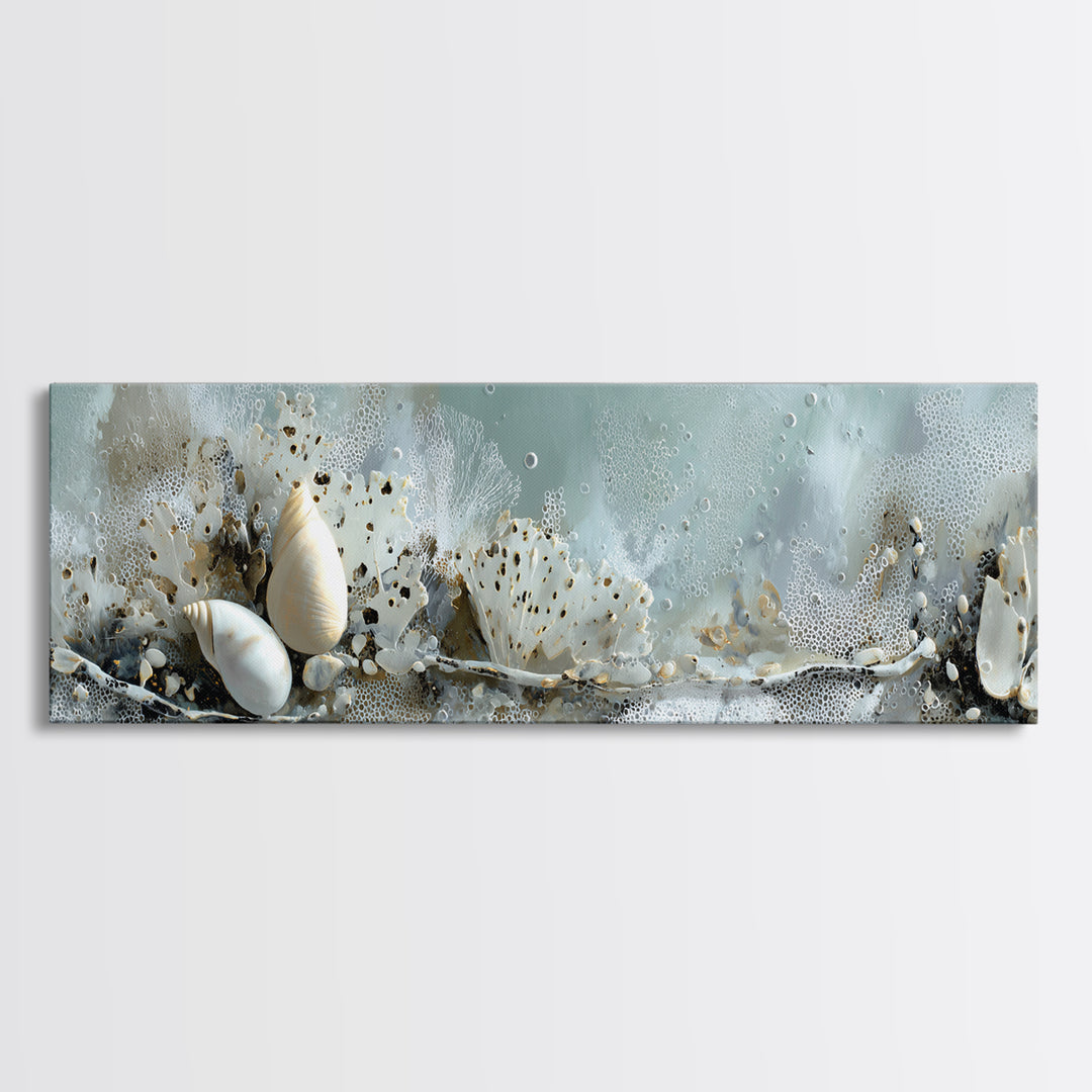 Coral and Shell Arrangement Framed Canvas Print, Bathroom Art, Modern Decor, Bathroom Decor, Fine Art, Spa, Home Decor, BAT-3x1-27