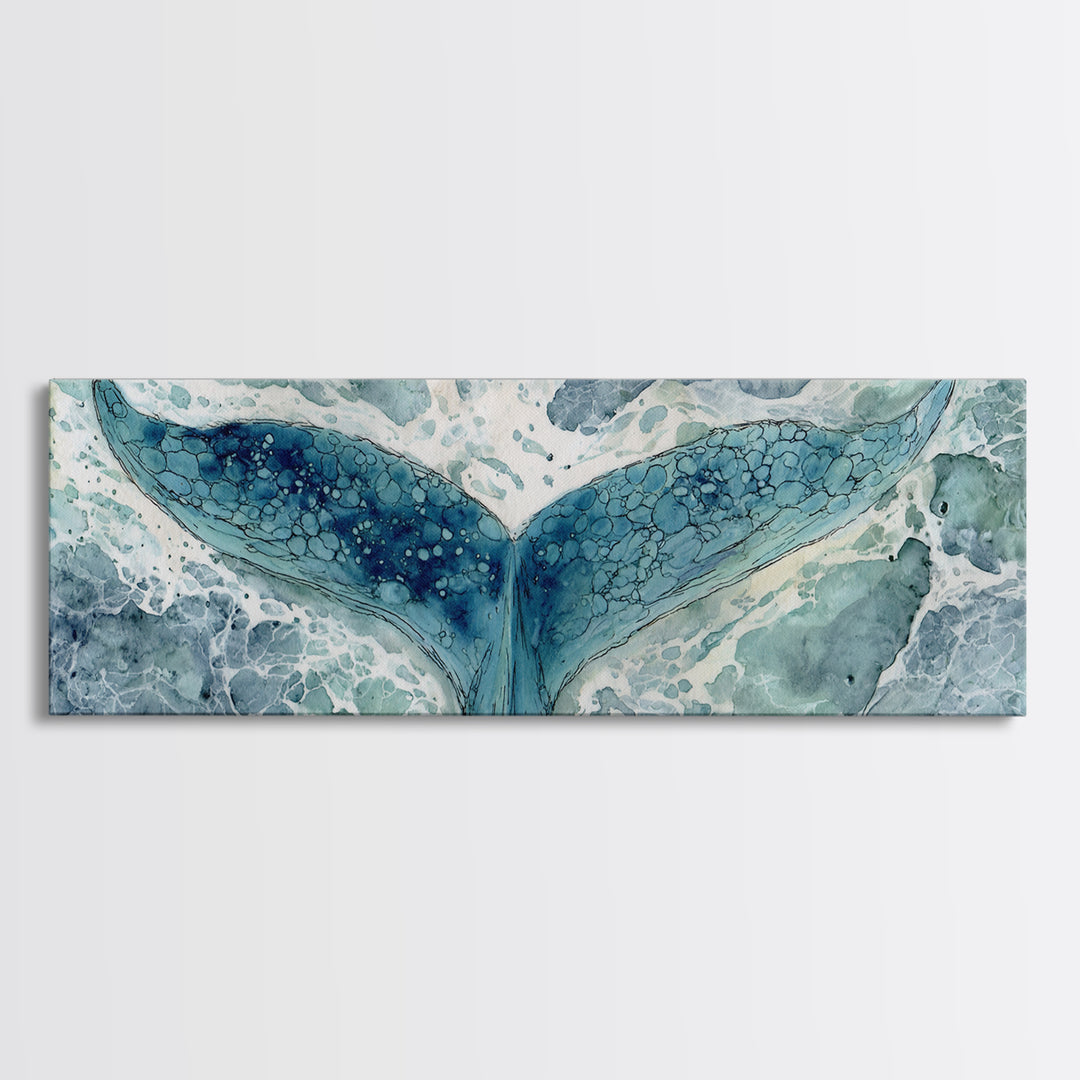 Watercolor Whale Tail Canvas Print, Bathroom Art, Fine Art Print, Bathroom Decor, Fine Art, Spa, Poster, Digital Art, BAT-3x1-31