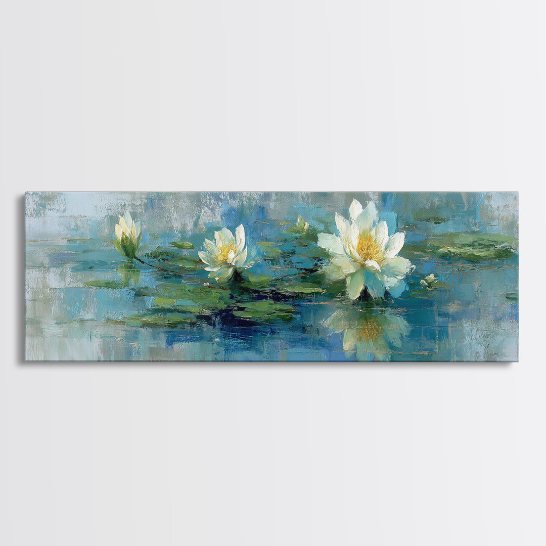Lotus Flower Floating on Calm Water Canvas Print, Bathroom Art, Trendy Wall Art, Bathroom Decor, Fine Art, Spa, BAT-3x1-36
