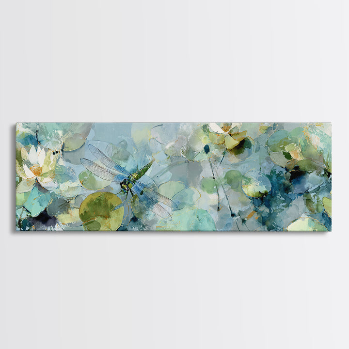 Delicate Dragonfly Above a Pond Surface Canvas Print, Bathroom Art, Bathroom Print, Bathroom Decor, Fine Art, Spa, BAT-3x1-40