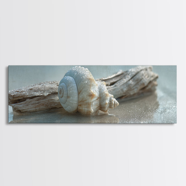 Minimal Seashell Still Life on Pale Sand Canvas Print, Bathroom Art, Minimalist Decor, Bathroom Decor, Fine Art, Spa, BAT-3x1-43
