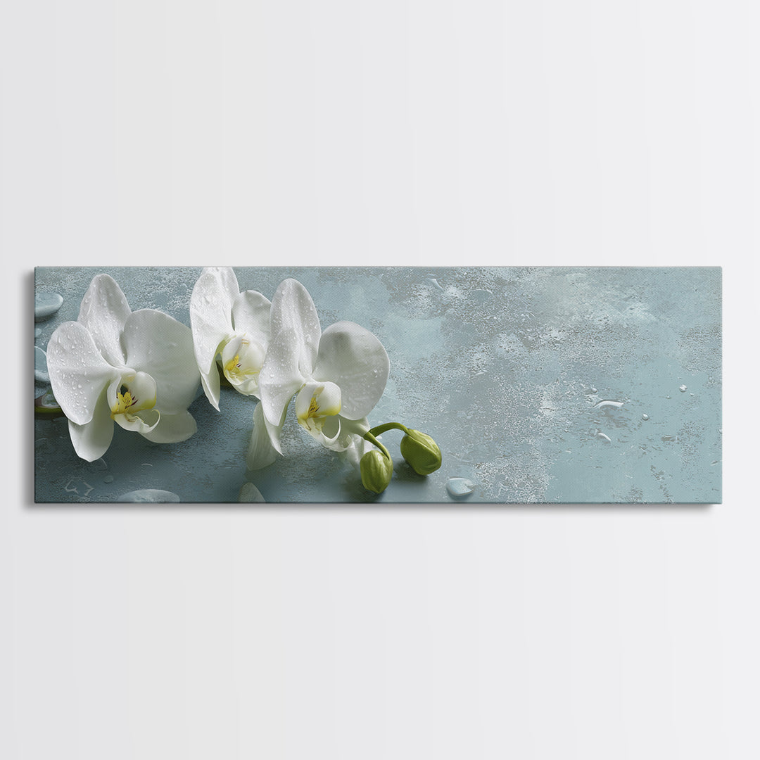 White Orchid on Warm Stone Background Framed Canvas Print, Bathroom Art, Gallery Decor, Bathroom Decor, Fine Art, Spa, BAT-3x1-44