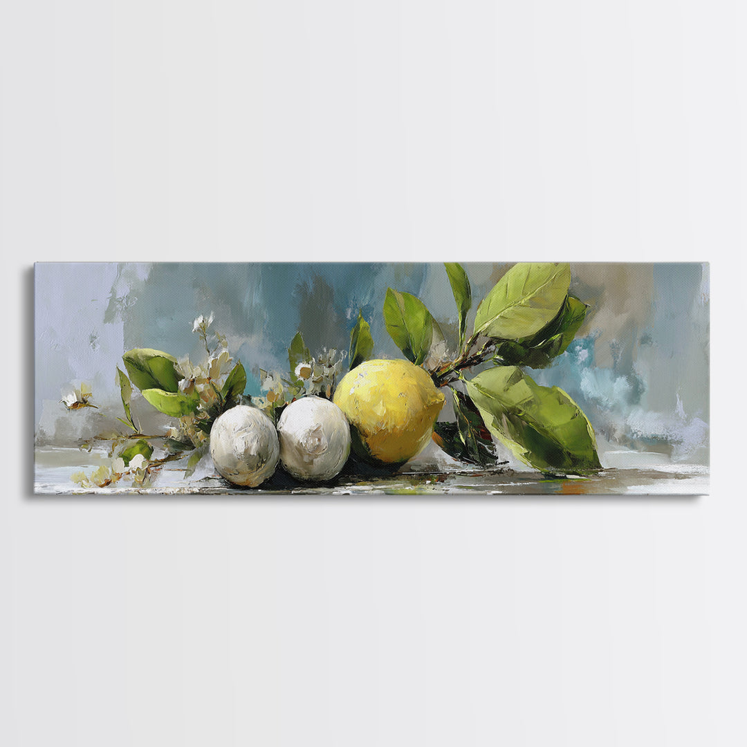 Lemon and Botanical Still Life Canvas Print, Bathroom Art, Wall Hanging, Bathroom Decor, Spa, Modern Art, Bathroom Art Decor, BAT-3x1-46