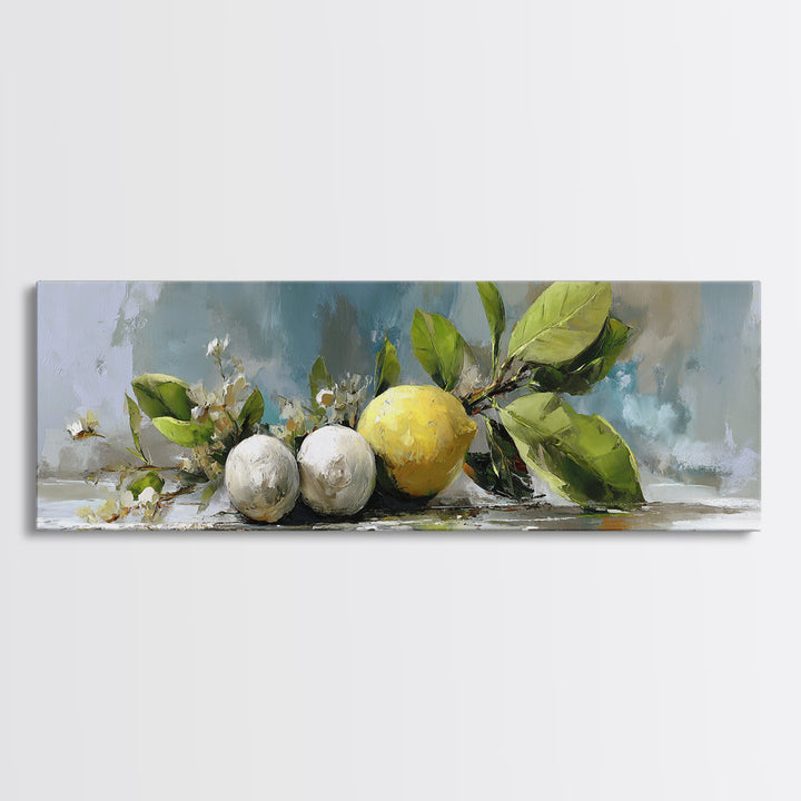 Lemon and Botanical Still Life Canvas Print, Bathroom Art, Wall Hanging, Bathroom Decor, Spa, Modern Art, Bathroom Art Decor, BAT-3x1-46