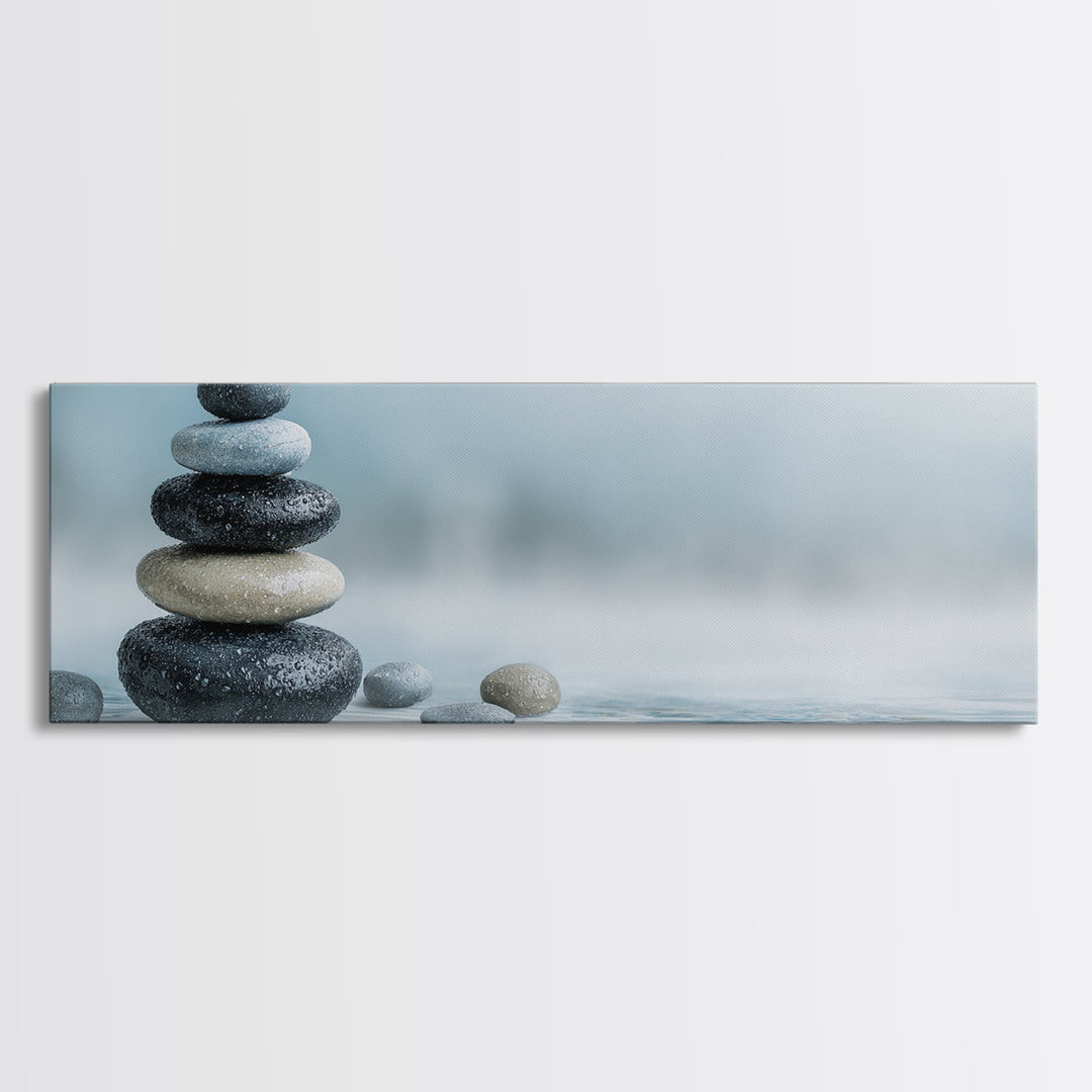 Monochrome Pebble Stack Framed Canvas Print, Bathroom Art, Poster, Bathroom Decor, Watercolor Art, Spa, Digital Print, BAT-3x1-5