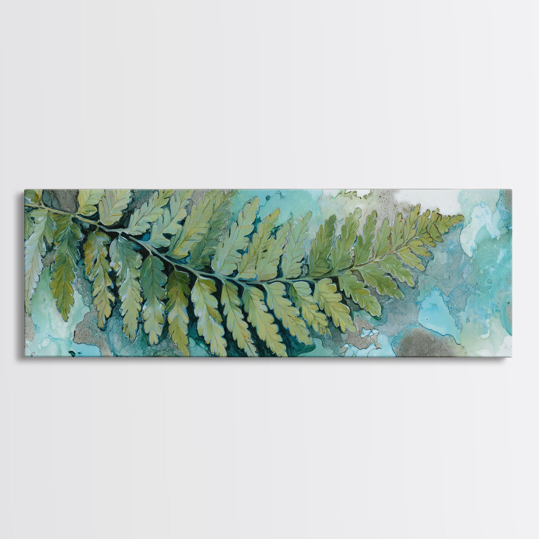 Green Fern Frond Closeup Canvas Print, Bathroom Art, Digital Wall Art, Bathroom Decor, Watercolor Art, Spa, Unique Wall Art, BAT-3x1-50