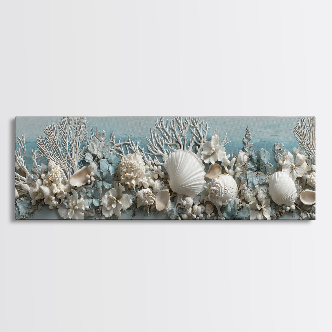 Coral and Shell Arrangement Framed Canvas Print, Bathroom Art, Wall Art, Bathroom Decor, Fine Art, Spa, Dog Portrait, BAT-3x1-51