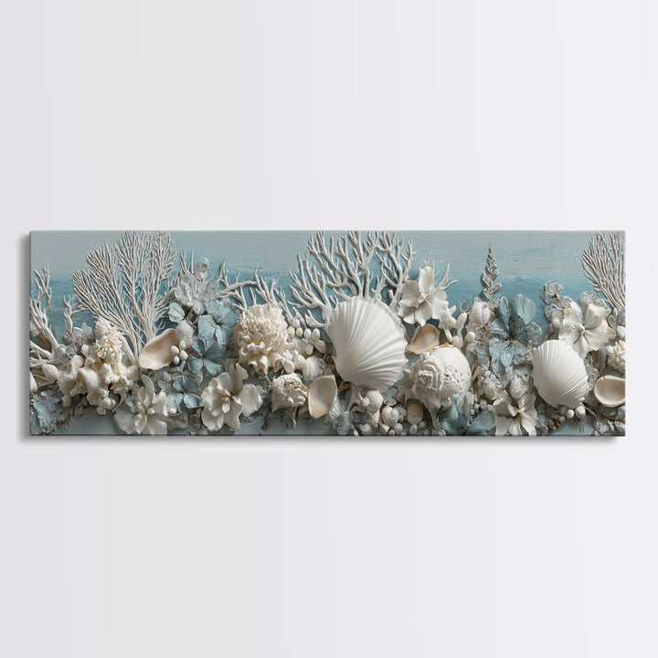 Coral and Shell Arrangement Framed Canvas Print, Bathroom Art, Wall Art, Bathroom Decor, Fine Art, Spa, Dog Portrait, BAT-3x1-51