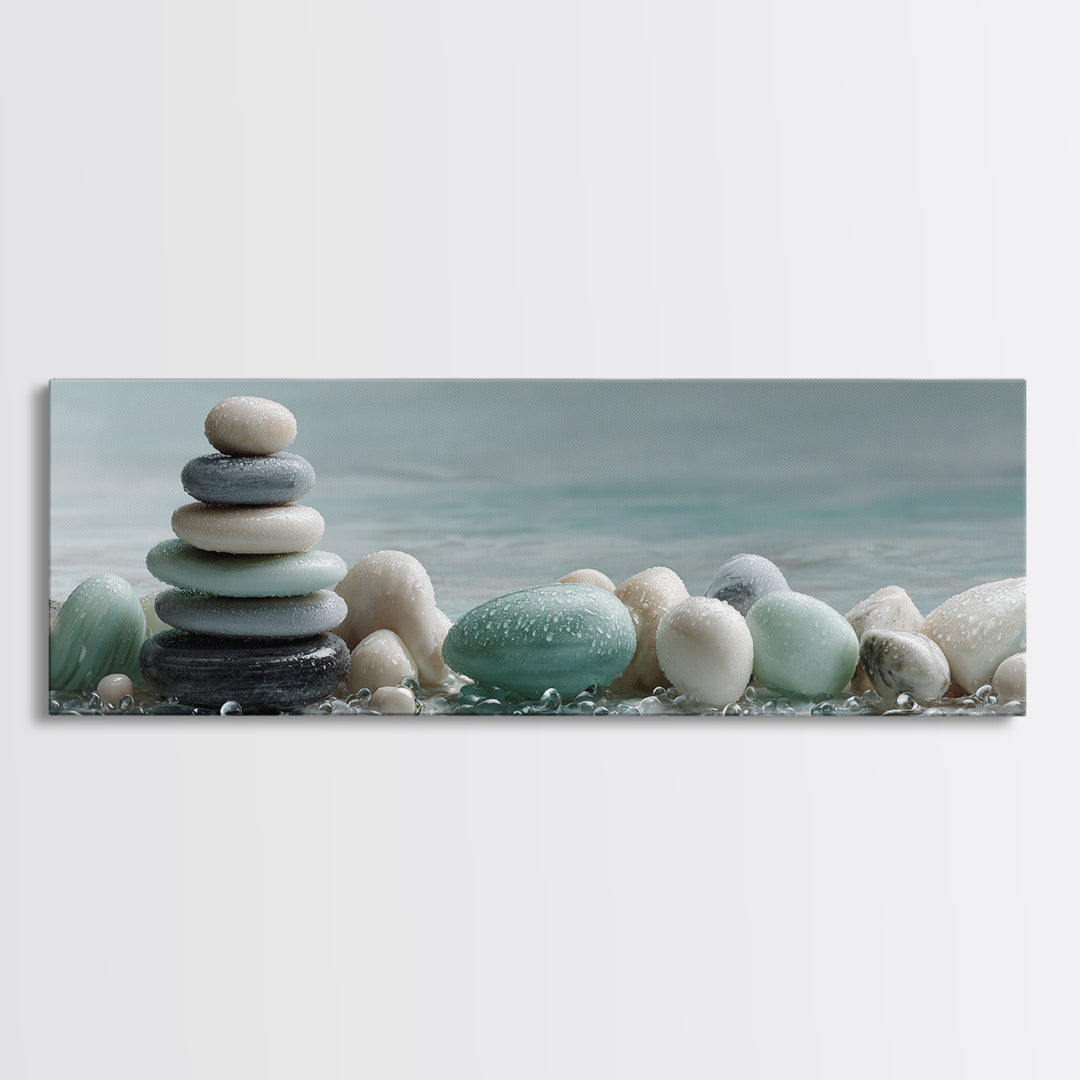 Monochrome Pebble Stack Framed Canvas Print, Bathroom Art, Canvas Wall Art, Bathroom Decor, Fine Art, Spa, Bathroom Wallpaper, BAT-3x1-53