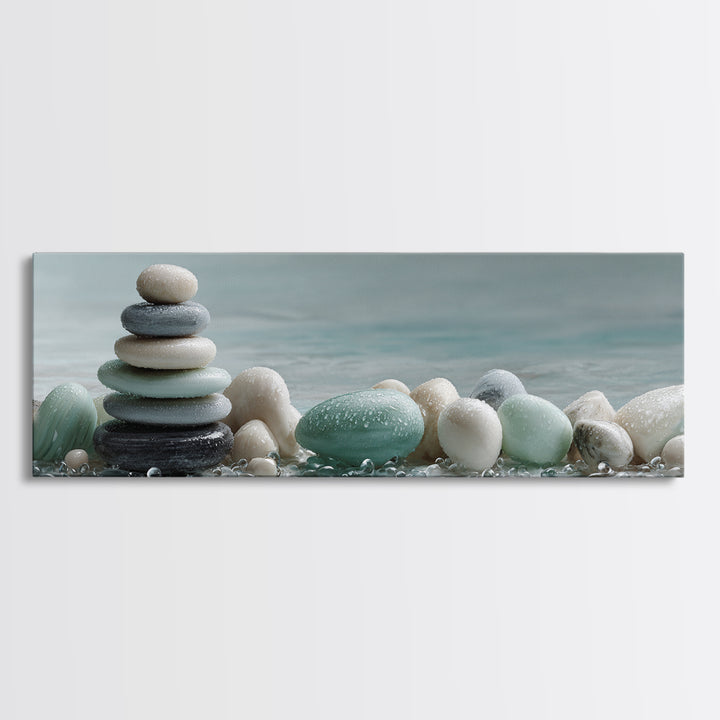Monochrome Pebble Stack Framed Canvas Print, Bathroom Art, Canvas Wall Art, Bathroom Decor, Fine Art, Spa, Bathroom Wallpaper, BAT-3x1-53